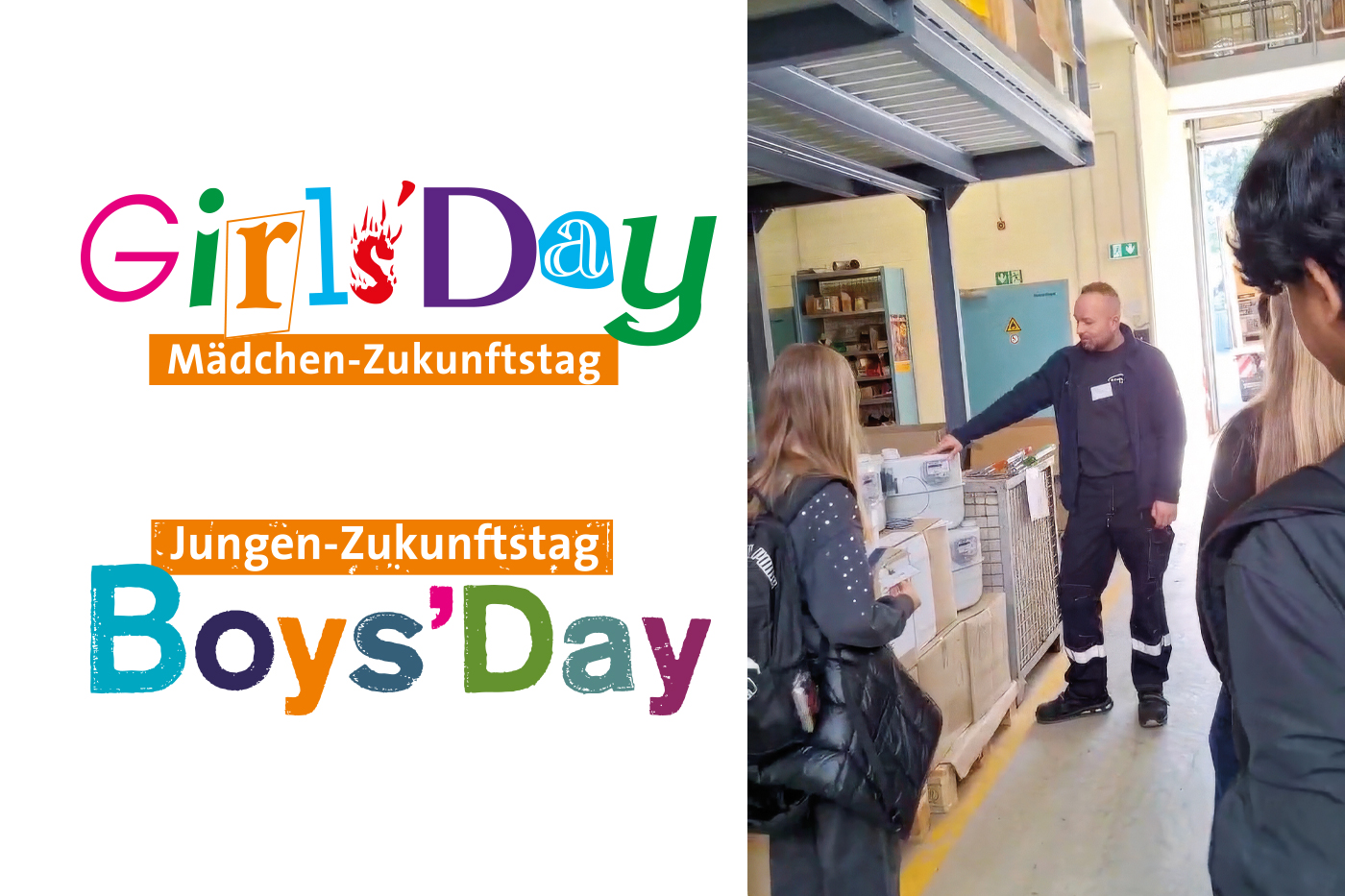 Logos vom "Girls Day" und "Boys Day" neben einer Aufnahme von einem Mitarbeiter der in einer Halle steht und auf etwas zeigt. Davor stehen Kinde und schauen ihm zu.